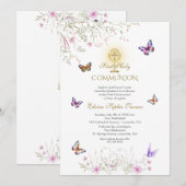 Spielerische Butterfly-Wildblumen Erste Heilige Ko Einladung (Vorne/Hinten)