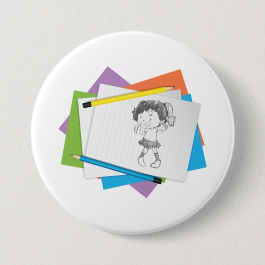Spielerische Girl Sketch Zeichnend mit farbenfrohe Button (Vorderseite)