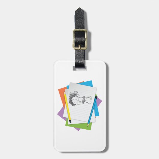 Spielerische Girl Sketch Zeichnend mit farbenfrohe Gepäckanhänger (Vorderseite vertikal)