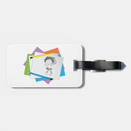 Spielerische Girl Sketch Zeichnend mit farbenfrohe Gepäckanhänger (Rückseite horizontal)