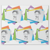 Spielerische Girl Sketch Zeichnend mit farbenfrohe Geschenkpapier (Flach)