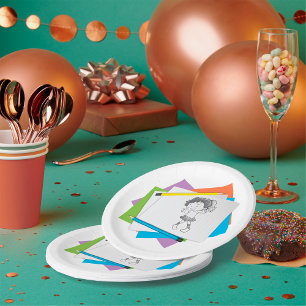 Spielerische Girl Sketch Zeichnend mit farbenfrohe Pappteller