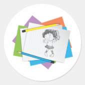 Spielerische Girl Sketch Zeichnend mit farbenfrohe Runder Aufkleber (Vorderseite)