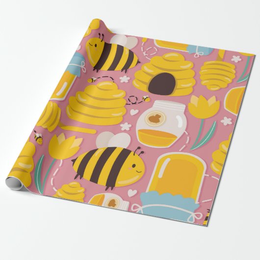 Spielerische Honigbiene und Hive Pattern Geschenkpapier (Ungerollt)