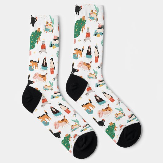 Spielerische Katzen und Weihnachtsbaummuster Socken (Rechts)