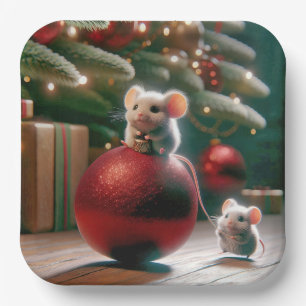 Spielerische Maus auf Red Christmas Ornament Pappteller