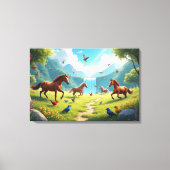 Spielerische Pferde und Vögel auf der üppigen Wies Leinwanddruck (Vorderseite)
