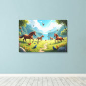 Spielerische Pferde und Vögel auf der üppigen Wies Leinwanddruck (Insitu (Holzboden))
