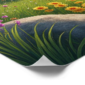 Spielerische Pferde und Vögel auf der üppigen Wies Poster (Ecke)