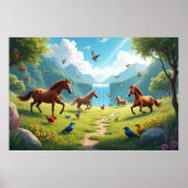 Spielerische Pferde und Vögel auf der üppigen Wies Poster (Vorne)