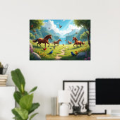 Spielerische Pferde und Vögel auf der üppigen Wies Poster (Heimbüro)