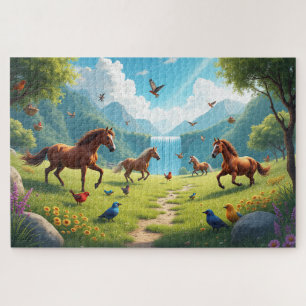 Spielerische Pferde und Vögel auf der üppigen Wies Puzzle