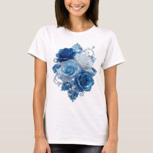 Spielerische Silber BLUE ROSES UND DIAMANTEN Druck T-Shirt