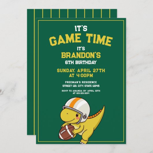 Spielerischer Grüner & Gelber Dinosaurier Fußball Einladung (Vorne/Hinten)