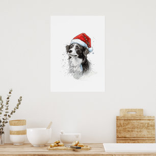 Spielerischer Hund in Weihnachtsmannmütze mit Schn Poster