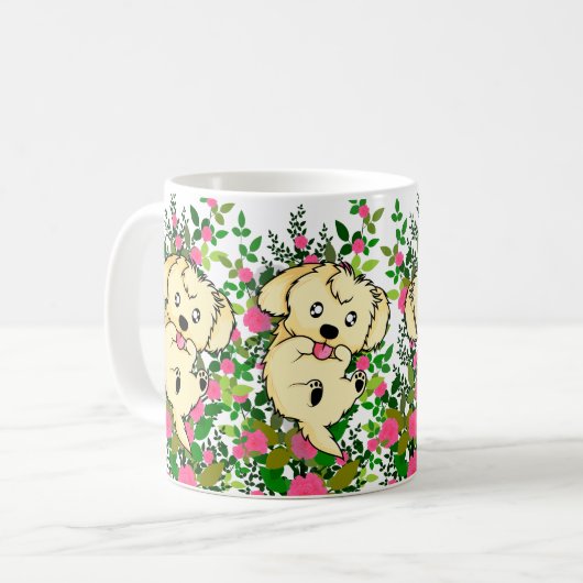 Spielerischer Hund mit Garden-Rose und Natur-Blume Kaffeetasse (Vorderseite Links)