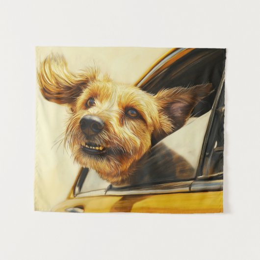 Spielerischer Hund Spaß an der Autofahrt Kunst dru Wandteppich (Vorderseite (Horizontal))