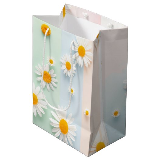 Spielerischer Pastellstreifen Weiße Margerite Frü Mittlere Geschenktüte (Vorderseite Schrägansicht)