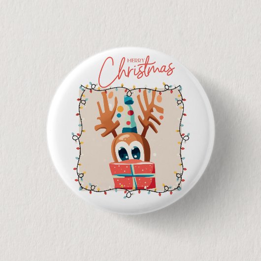 Spielerischer Rentier mit Geschenk Button (Vorderseite)