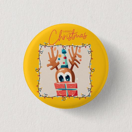 Spielerischer Rentier mit Geschenk Button (Vorderseite)