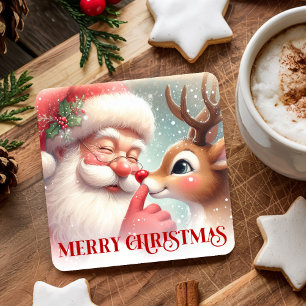 Spielerischer Weihnachtsmann und Rudolph Festive G Rechteckiger Pappuntersetzer