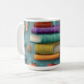 Spielerisches Design mit Büchern und Apple Kaffeetasse (Vorderseite Links)