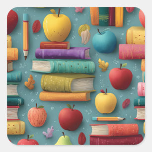 Spielerisches Design mit Büchern und Apple Quadratischer Aufkleber