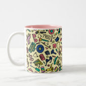 Spielerisches Doodle Art Pattern der 1980er Jahre Zweifarbige Tasse (Links)