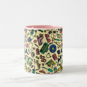 Spielerisches Doodle Art Pattern der 1980er Jahre Zweifarbige Tasse (Mittel)