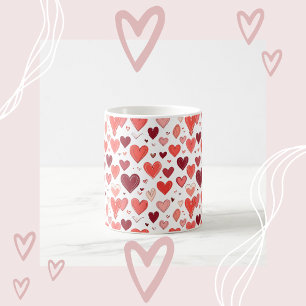 Spielerisches, handgezeichnetes rotes Herzen-Muste Kaffeetasse