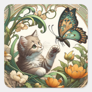 Spielerisches Kätzchen und Schmetterling Art Nouve Quadratischer Aufkleber