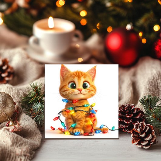 Spielerisches Kitten in Weihnachtsbeleuchtung Feiertagskarte
