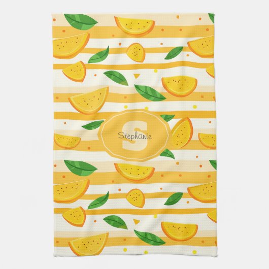 Spielerisches Orange Slice Muster mit grünen Blätt Geschirrtuch (Vertikal)