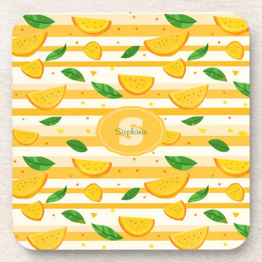 Spielerisches Orange Slice Muster mit grünen Blätt Getränkeuntersetzer (Vorderseite)