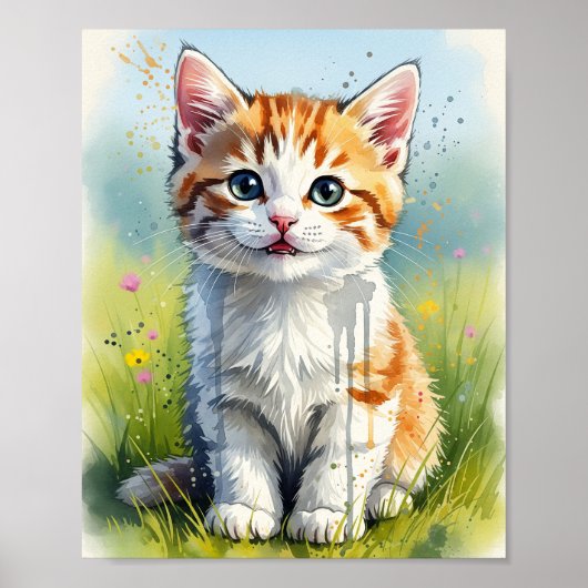 Spielerisches Orange Tabby Kätzchen Wasserfarben K Poster (Vorne)