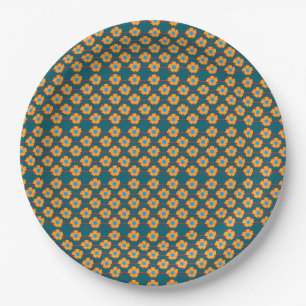Spielerisches Orange und dunkles Teal-Blumenmuster Pappteller