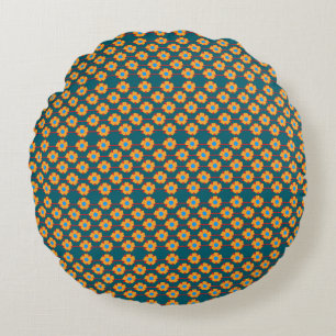Spielerisches Orange und dunkles Teal-Blumenmuster Rundes Kissen
