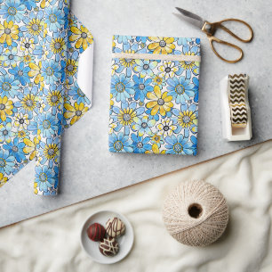 Spielerisches Retro-Blumenmuster, sanftes Blau und Geschenkpapier