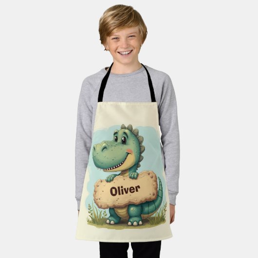 Spielerisches T-Rex mit Stone Name Sign Schürze (Getragen)