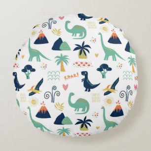 Spielerisches urzeitliches Dinosaurier- & Vulkanmu Rundes Kissen