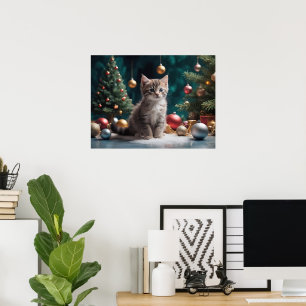 Spielerisches Weihnachtskätzchen am Baum mit Ornam Poster