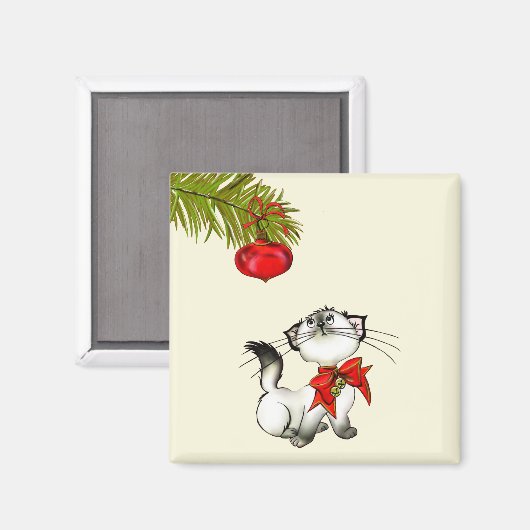 Spielerisches Weihnachtskätzchen mit einem roten B Magnet (Vorderseite/Rückseite)