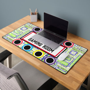 Spielerzimmer geometrisch grün blaue Kreise Sterne Schreibtischunterlage