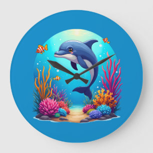 Spielhafter Delfin im lebendigen Korallenriff Große Wanduhr
