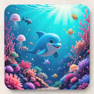 Spielhafter Delfin und farbenfrohes Meeresleben Getränkeuntersetzer