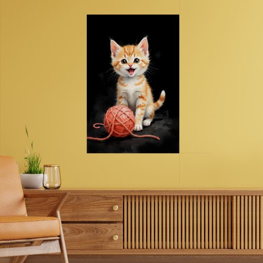 Spielhaftes Kätzchen mit Garn Wasserfarbdruck Poster (Wohnzimmer 2)