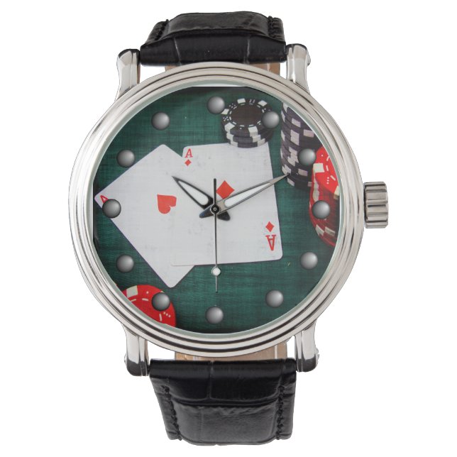Spielkarten und Poker Chips im Grunge-Stil Armbanduhr (Vorderseite)