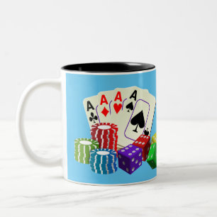 Spielkasino-Würfel, Poker-Chips, Spielkarten  Zweifarbige Tasse