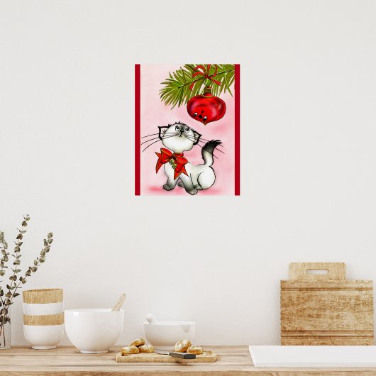 Spielvolle Kätzchen in einem roten Weihnachtsbock Poster (Küche)