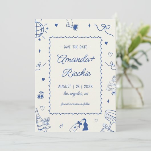 Spielvolle Retro Hand Drawn Whimsical Doodle Weddi Save The Date (Stehend Vorderseite)